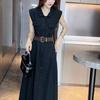 2026 Summer Women's Sleeveless Solid Color Waist-Cinched Slimming Shirt Dress with Belt - Age-Reducing Long Skirt
