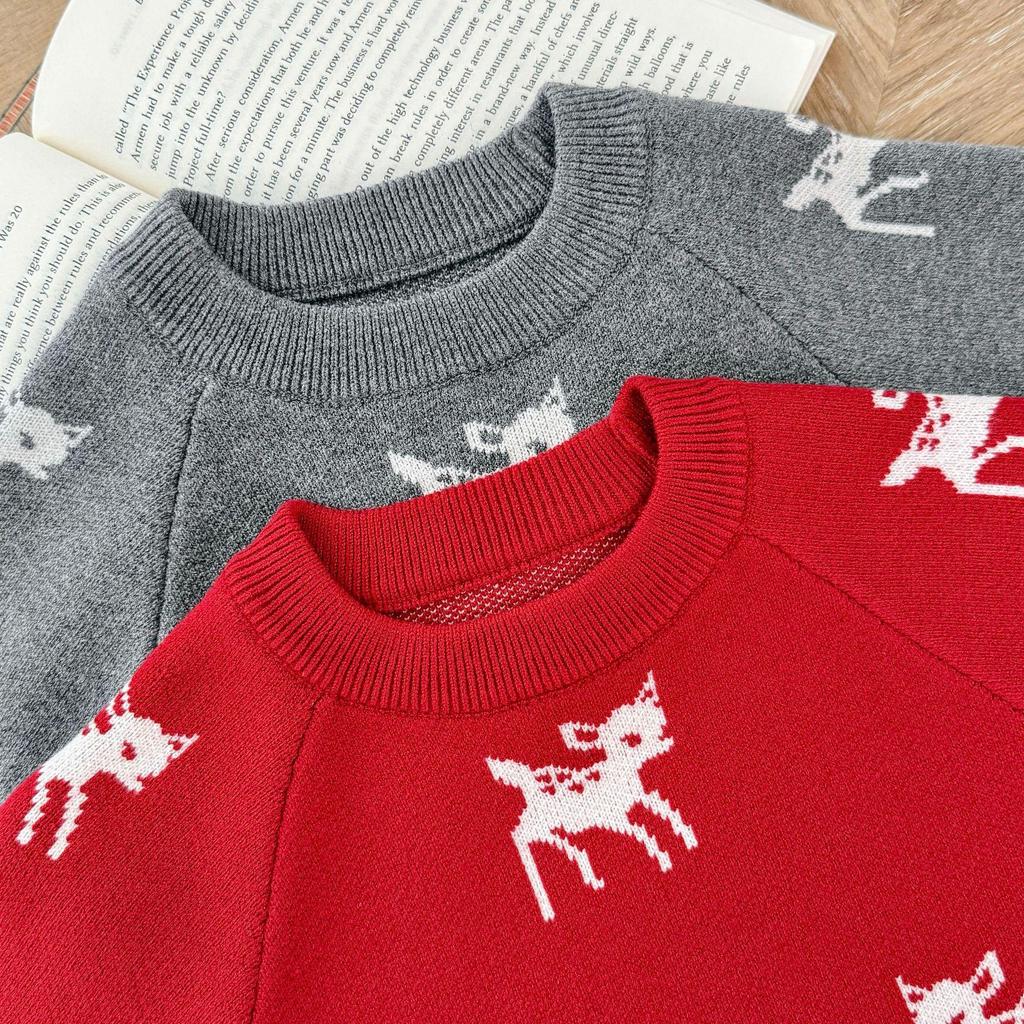Knitted Jacquard Deer Baby Romper for Autumn & Spring - Unisex First Birthday Outfit