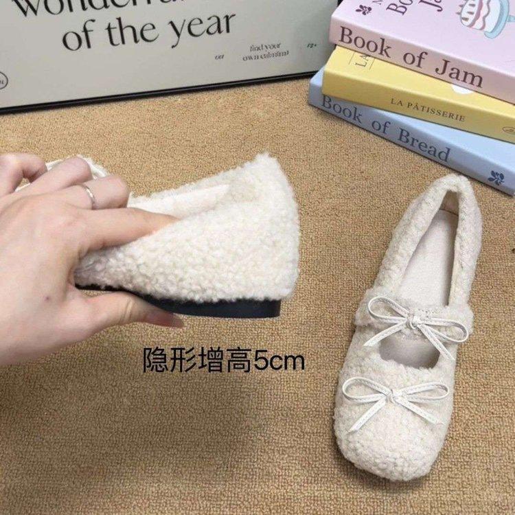 Small inner height increase 5cm fluffy shoes women's 2025 new autumn Mary Jane bow velvet beanie shoes