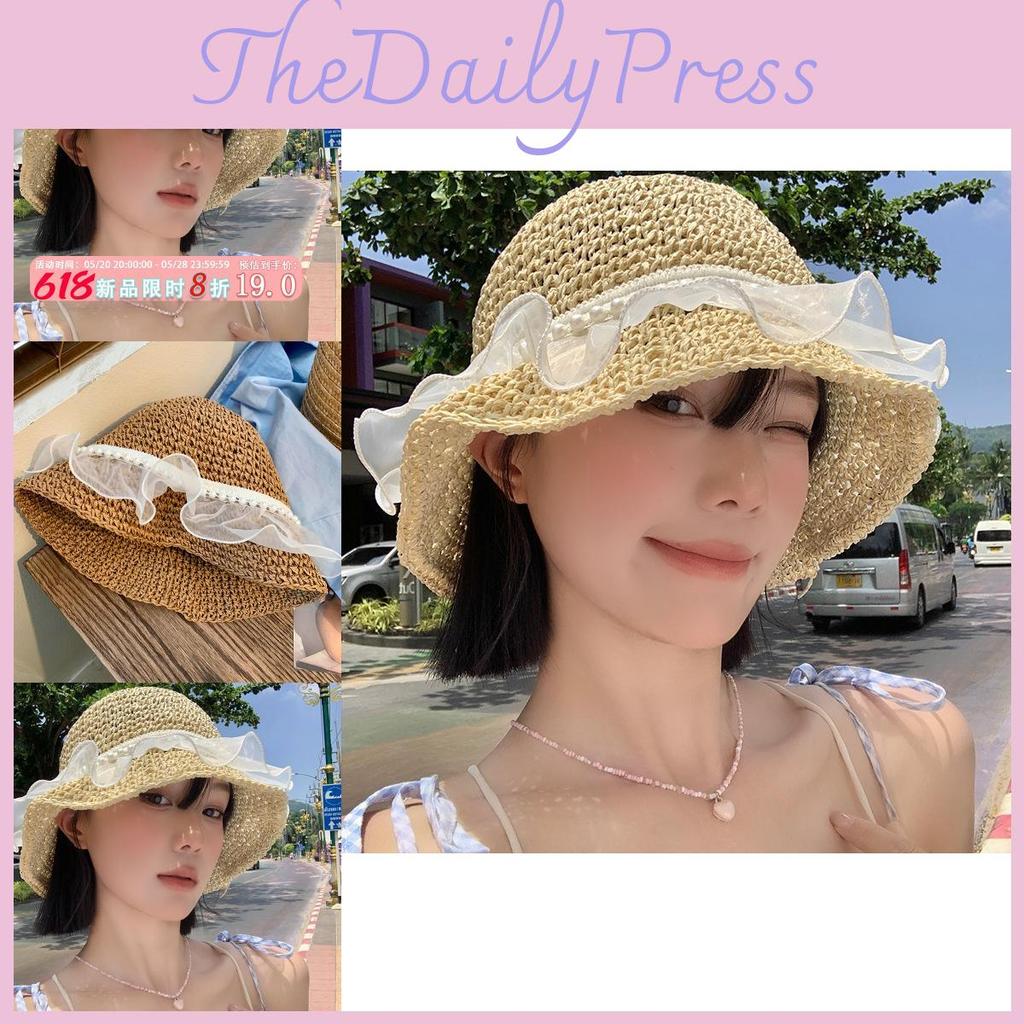 Fashionable Summer Pearl Embellished Organza Hollow Wide Brim Hat For Women And Men