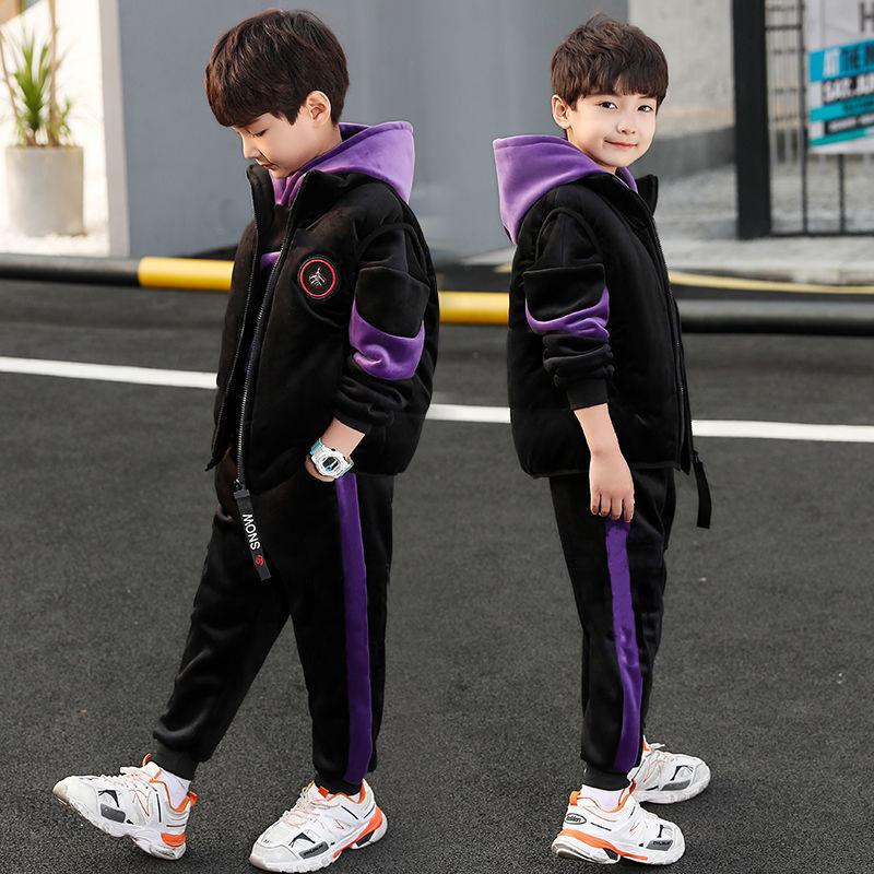 Boys Double-sided Velvet Sets Children Fashion Hooded Suit Kids Autumn Winter Jackets+Pants 3Pcs Outfits Teenager Casual Clothes