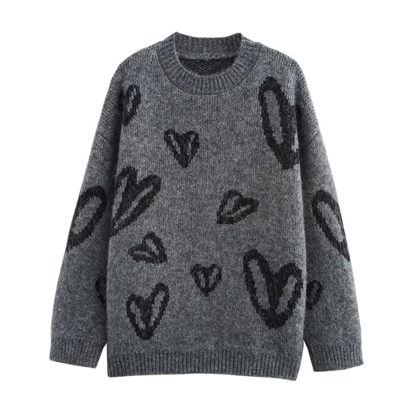 Kaslead New Arrival Women's Clothing Fashion Style Thickened Heart Jacquard round Neck Knitted Pullover Sweater
