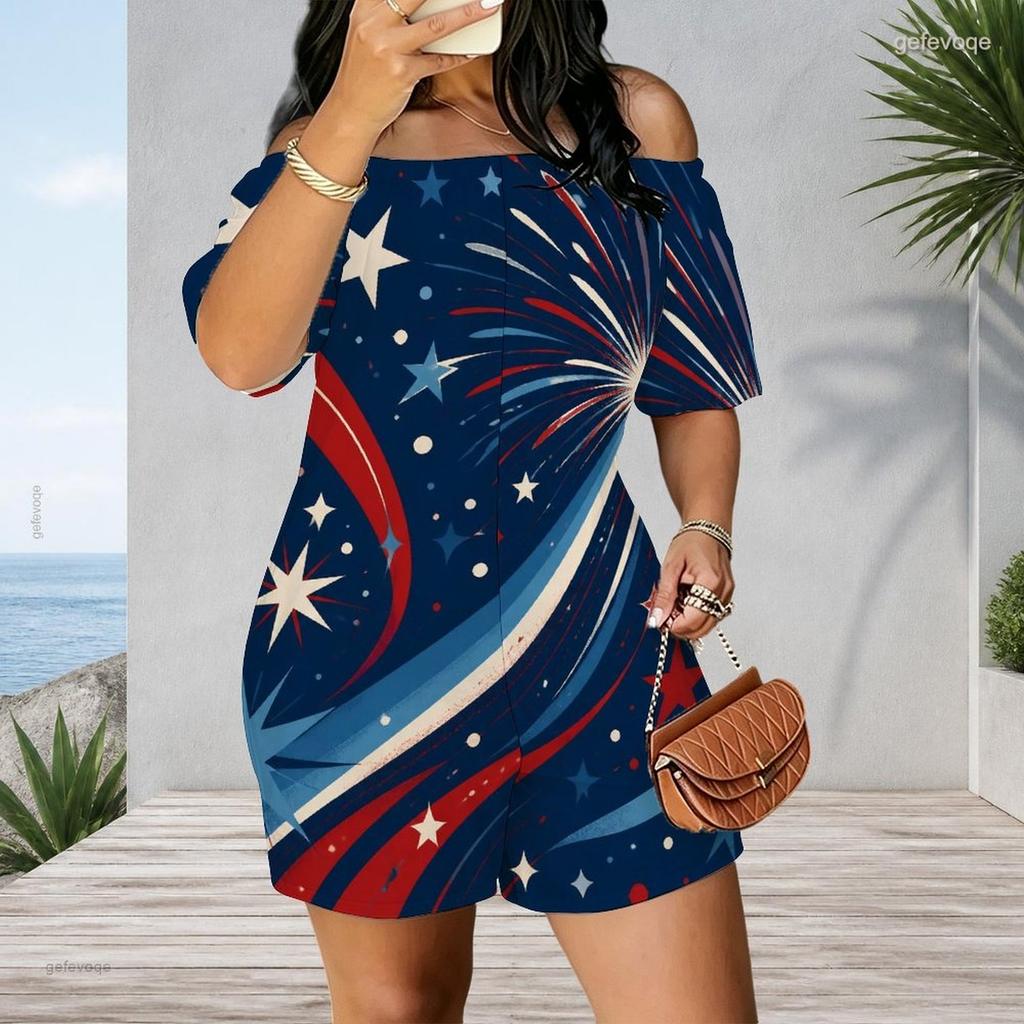 Women Plus Size Off Shoulder Short Sleeve Romper Abstract Geometric Graffiti Print Casual Jumpsuit Shorts