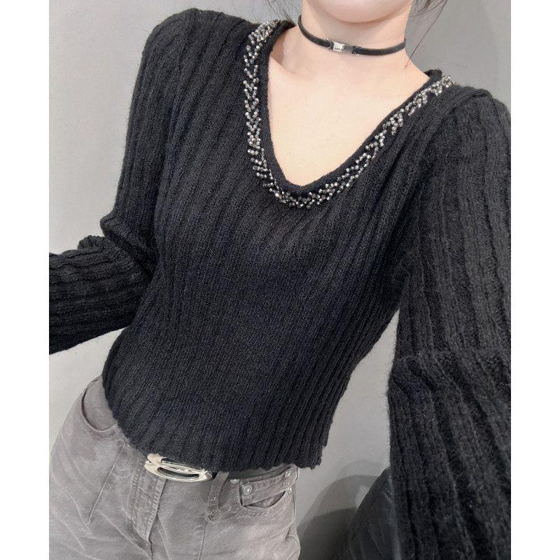V-neck Beaded Sweater Long-sleeved Women's Sweater Base Shirt Solid Color Pullover Fashionable Casual Top
