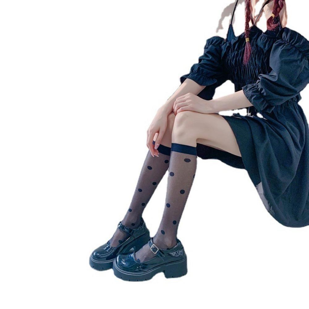 Spring Thin Ladies Black Jacquard Love Calf Socks, Japanese Jk Style Knee Socks Lolita Silk