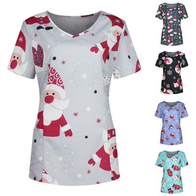 Women V-neck Christmas Print Short Sleeve Workwear With Pocket Workwear