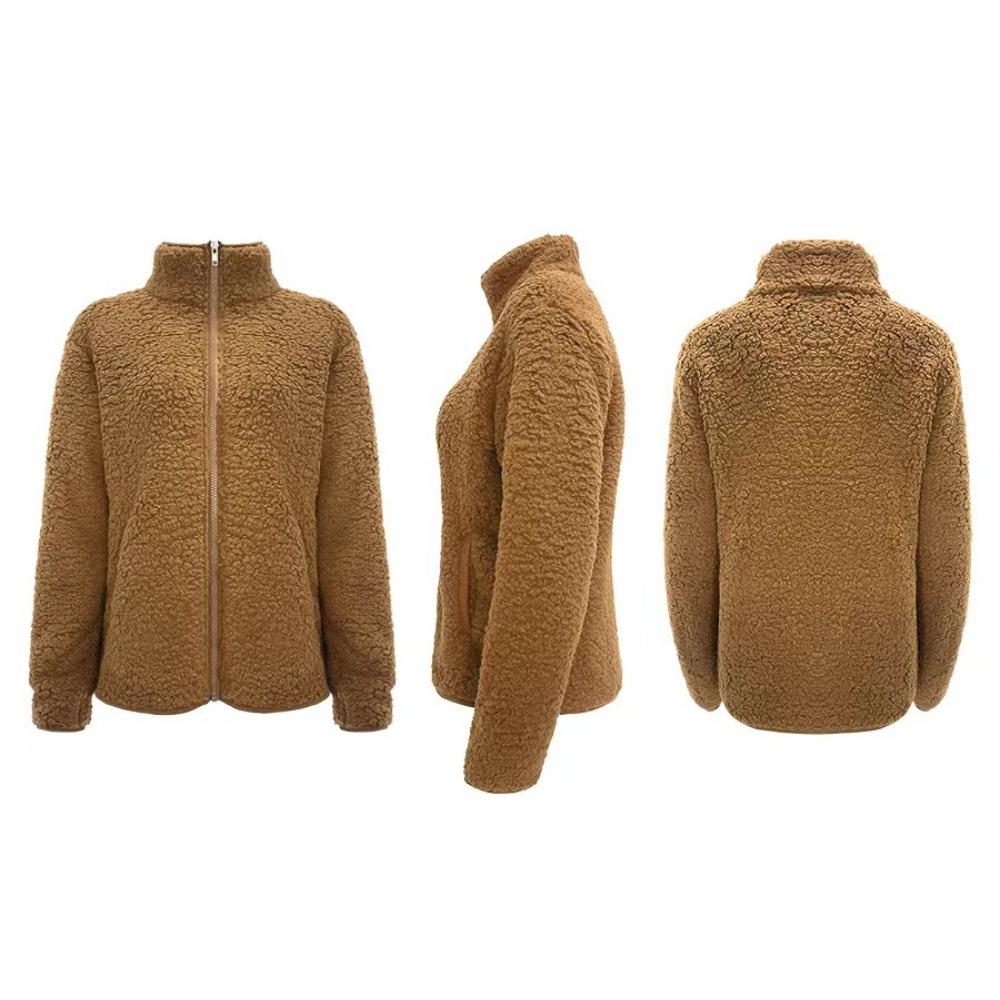 Stand Collar Solid Color Sweatshirt Women Casual Fashion Long Sleeve Zip Up Bubble Fleece Jacket