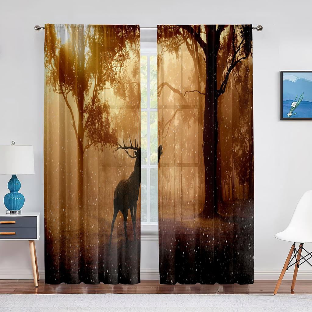 Sika Deer Nature Autumn Forest Wildlife Sheer Voile Curtain for Living Room Bedroom Kitchen Modern Tulle Window Treatment Decor
