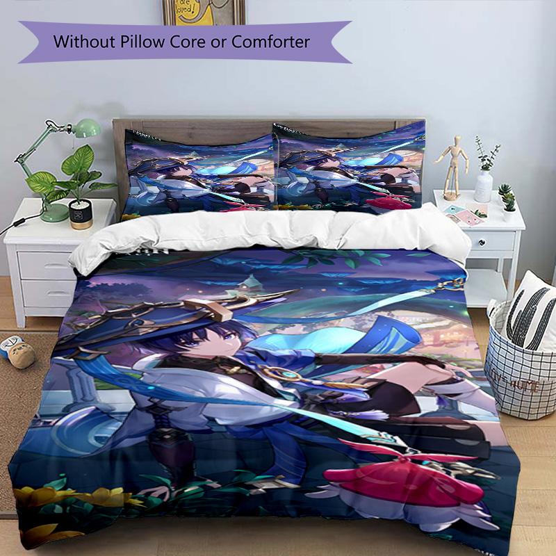 3pcs Duvet Cover Set (1*Duvet Cover + 2*Pillowcase, Without Core), Genshin Impact Print Bedding Set, Bedroom Decor, All‑Season, Birthday Gift