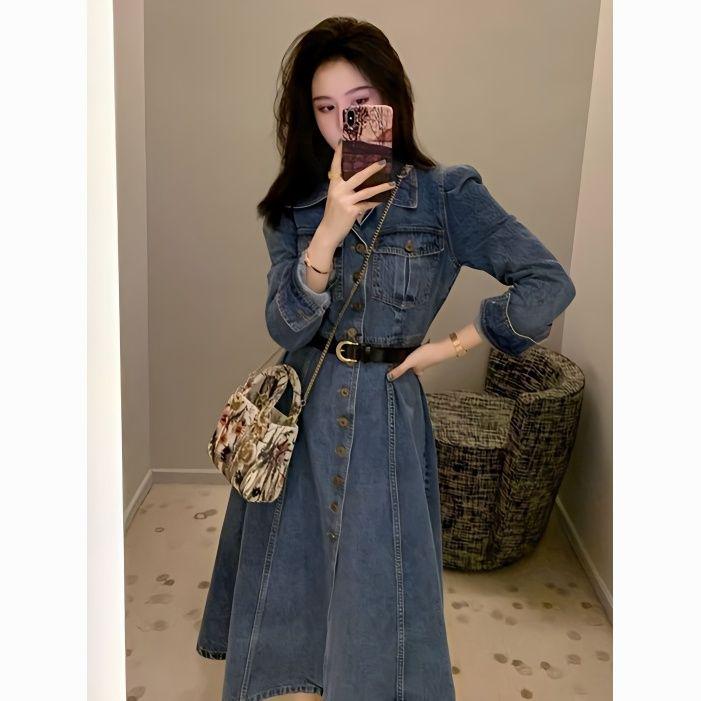 Hong Kong Retro Denim Shirt Dress for Women: Slim-Fit, Elegant, Single-Breasted, Perfect for Spring & Autumn