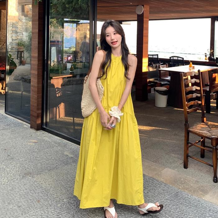 

French yellow neck off-the-shoulder dress for women s summer new temperament pocket loose vacation style long skirt S