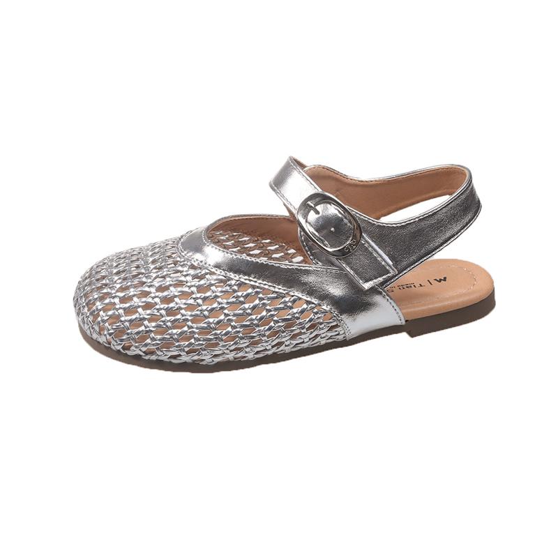 2025 Summer New Roman Sandals Women's One-button Mary Jane Perforated Breathable Woven Silver Flat Single Shoes