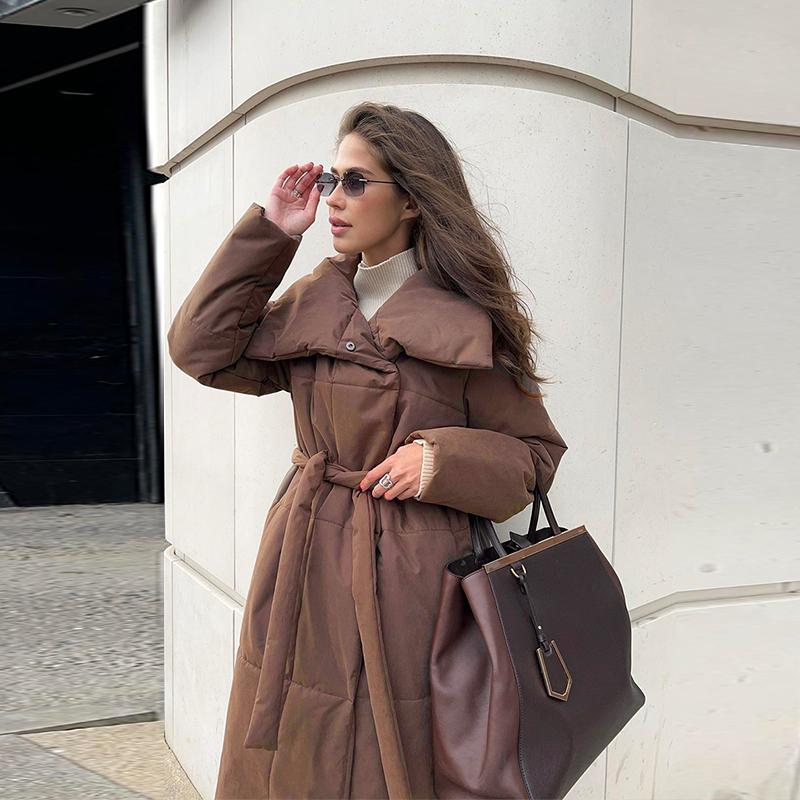Winter Oversized Warm Long Cotton Padded Coats Women Loose Belt Quilted Parkas Jackets Thicken  Lace Up Single Breasted Overcoat