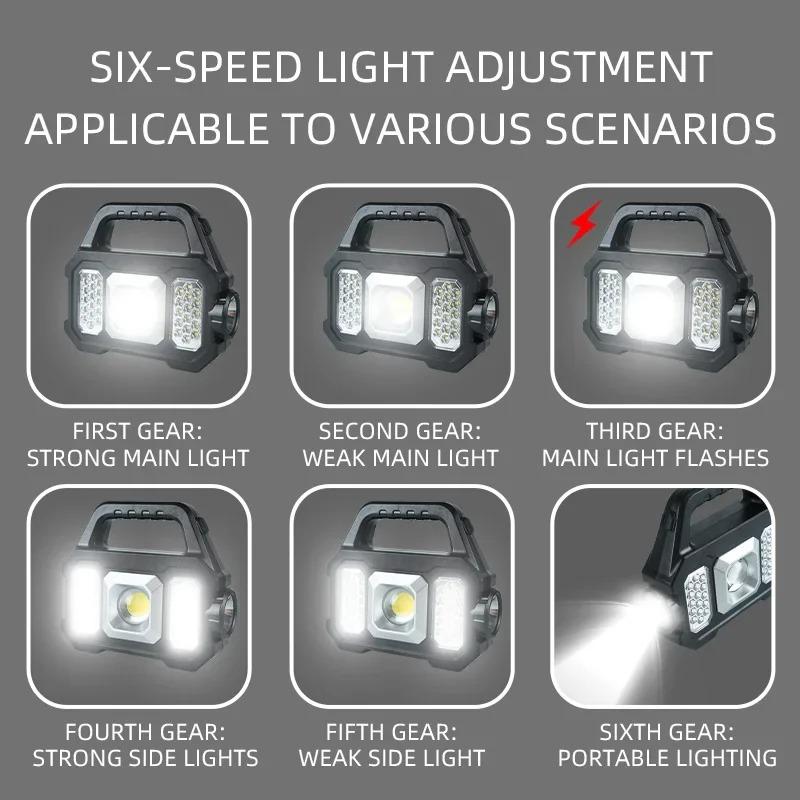 High Power LED COB Flashlights Rechargeable Camping Work Light Multi Functional Portable Light Solar Charging 6 Lighting Modes
