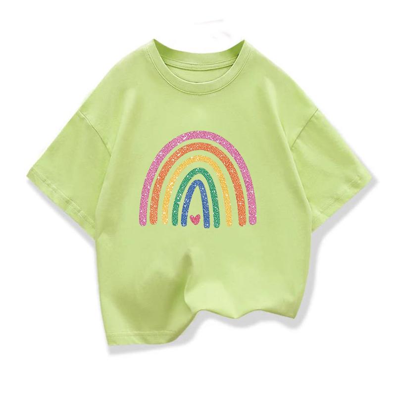 Baby Girl Summer White Clothes Kid Girls Casual Rainbow Printed Tshirts Children Fashion Crew Neck Short Sleeve Top