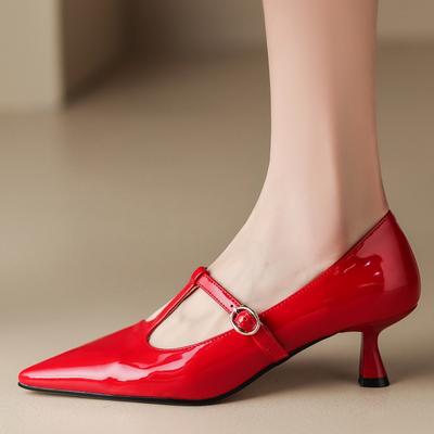 Fashion Genuine Leather Medium Heels Pumps Shoes Woman Black Nude Red Short Heeled Party Office Wedding Shoes Dress Pumps Large Size 45