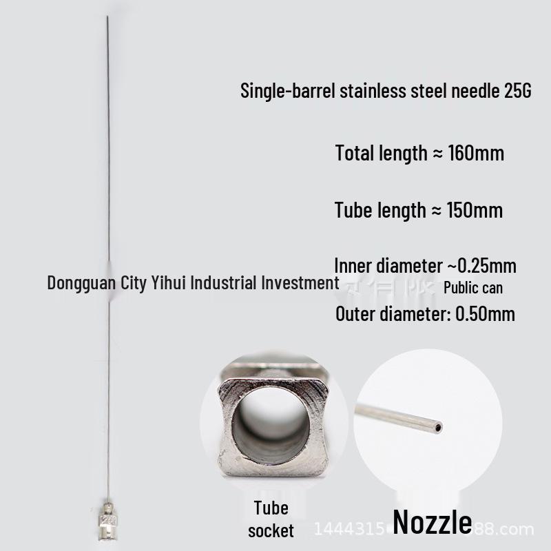 Stainless Steel Dispensing Syringe: 160mm Total Length, 150mm Tube, Pointed Tip, Flat Opening