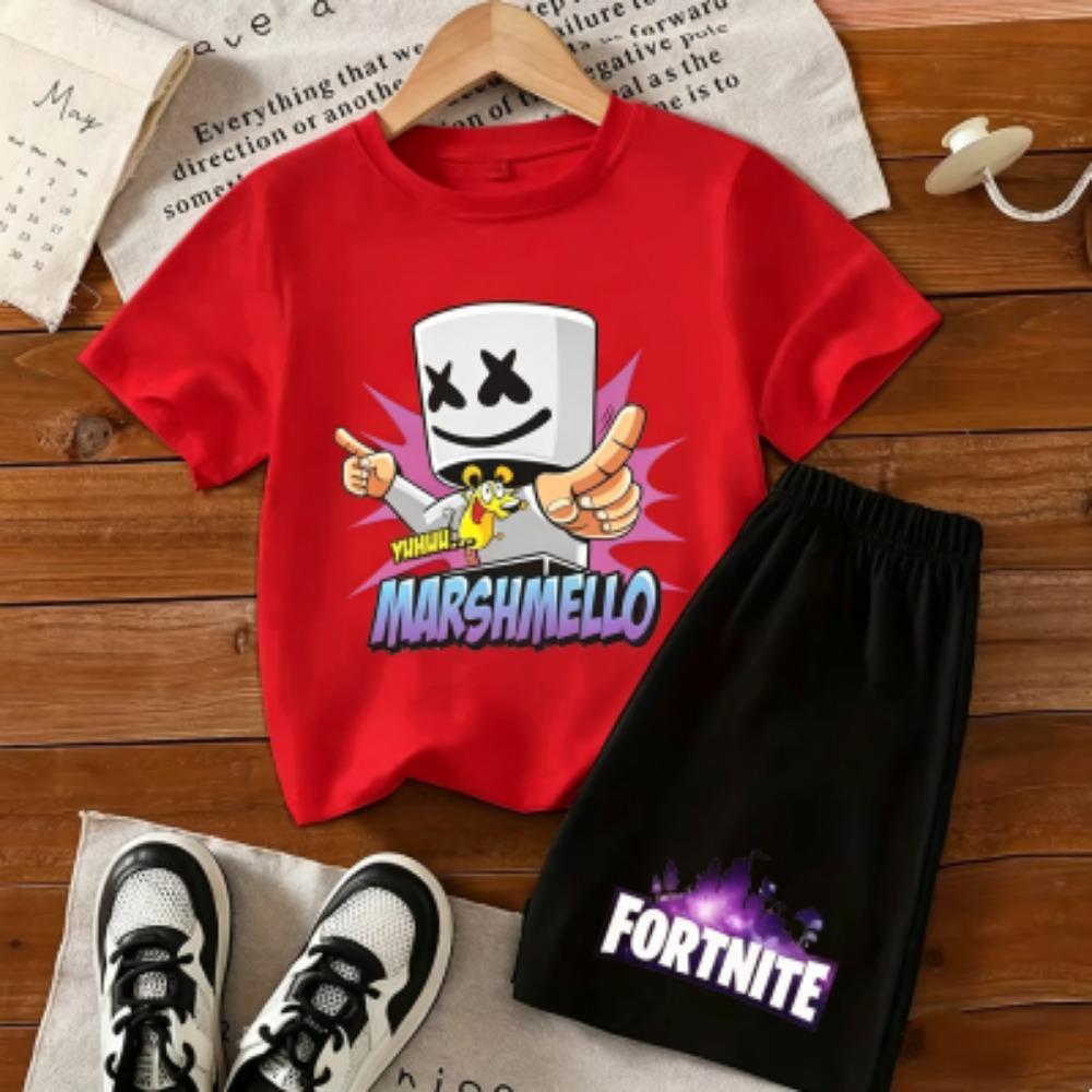 Fashion Cartoon Figure Fun Printed 11 Colors Kids T-shirt and Shorts 2 Piece Set Summer Home Outdoor Casual Outfit Boy and Girl's Sports Set