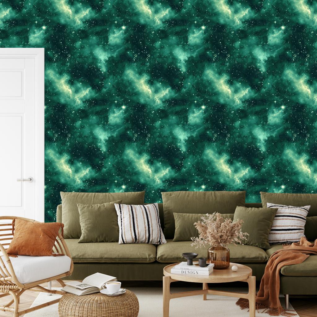 Watercolor Galaxy Wallpaper in Sea, Turquoise and Green 50x1000