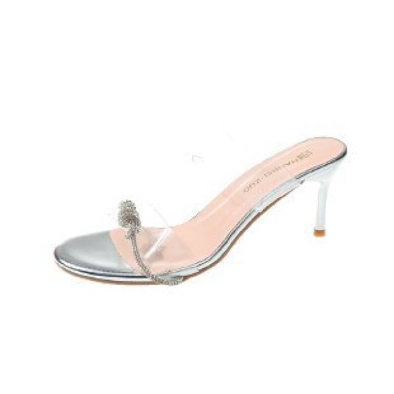High-heeled Sandals Women's Summer Stiletto Low-heeled Crystal Ribbon Rhinestone Slippers Outer Wear 7cm
