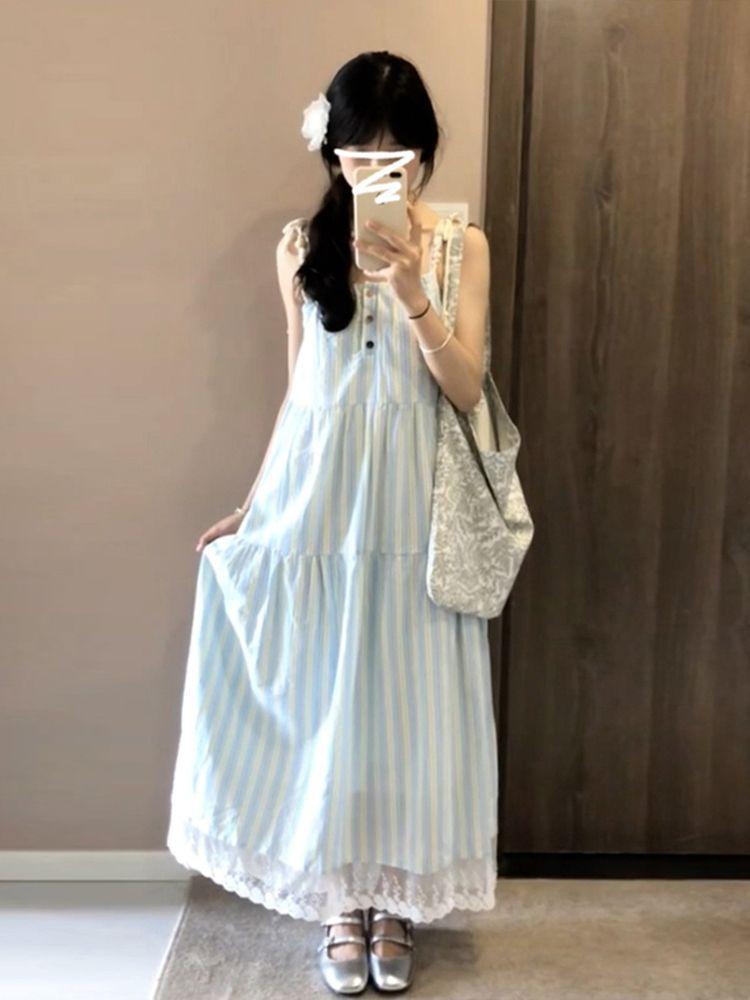 French sweet long dress women s summer new gentle wind small fresh design striped suspender dress S синий