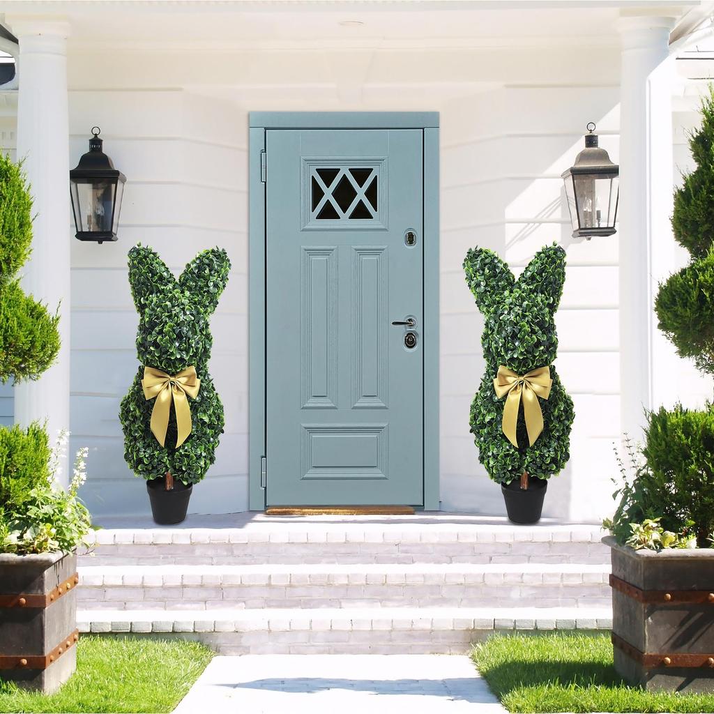 Ornamental Artificial Tree With Golden Bow, Imitation Boxwood Decoration, Suitable For Indoor And Outdoor Porch Decoration