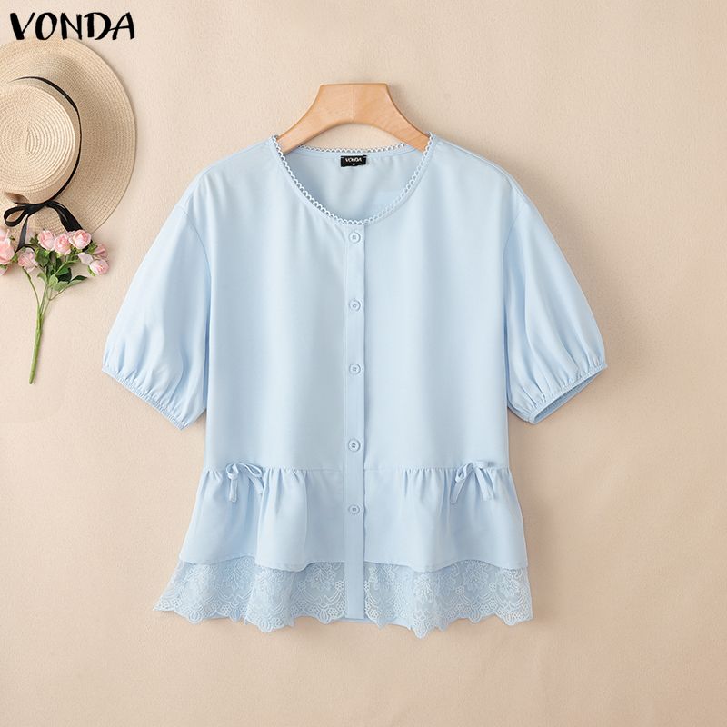 VONDA Summer Women Short Sleeve Lace Hem Casual Ruffled T-shirts Tops Blouse