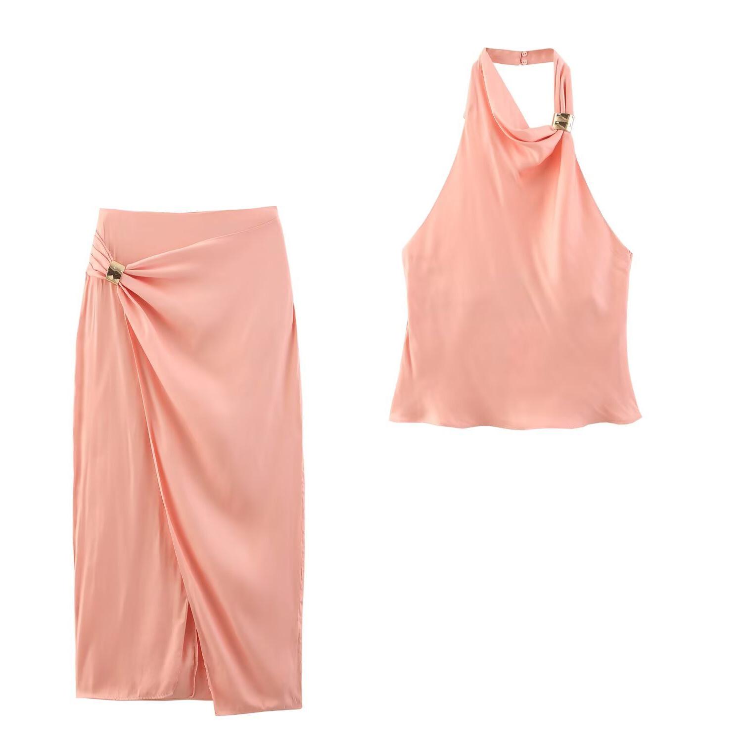 

TAOP&ZA Women s Elegant Silk Satin Top and Midi Skirt Set - Summer Fashion XS