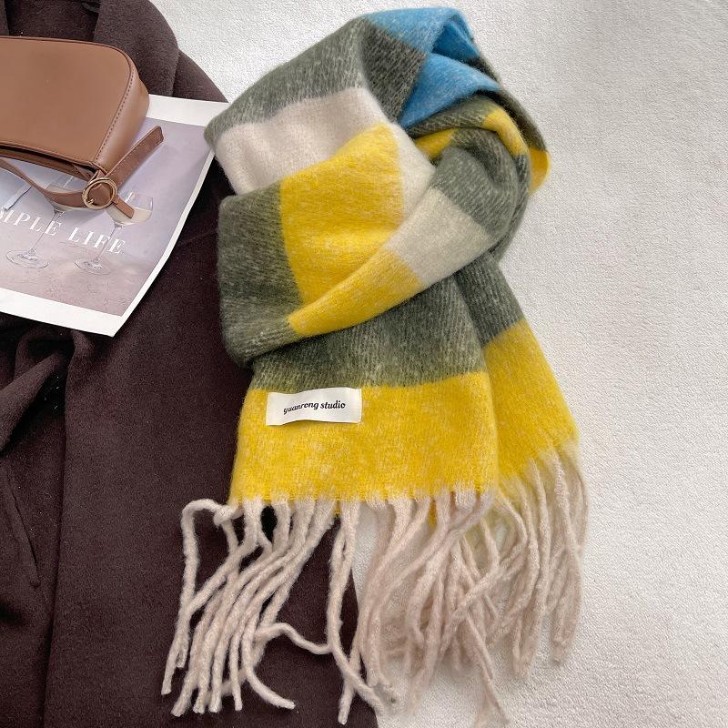 Winter Women Scarf Rainbow Color Designer Thick Warm Pashmina Shawl Wraps Plush Cashmere Tassel Stoles Echarpe Blanket