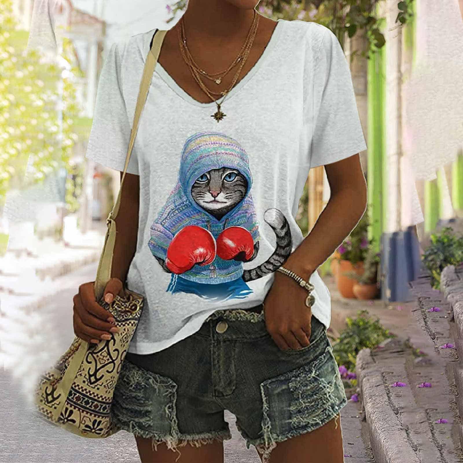 

Женская футболка с коротким рукавом и V-образным вырезом, свободная повседневная футболка с милым цифровым принтом в виде 3D-мультяшного персонажа 5XL