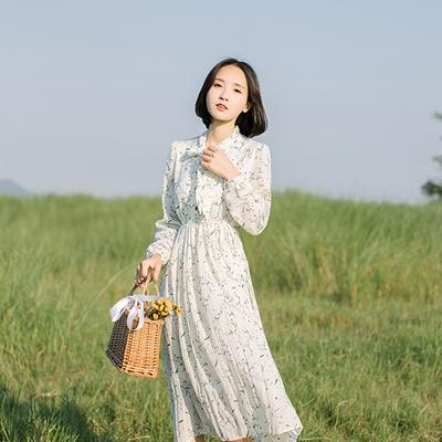 Autumn Women Long Dress Beige Floral Printed Sweet Elegant Chiffon Pleated Dress