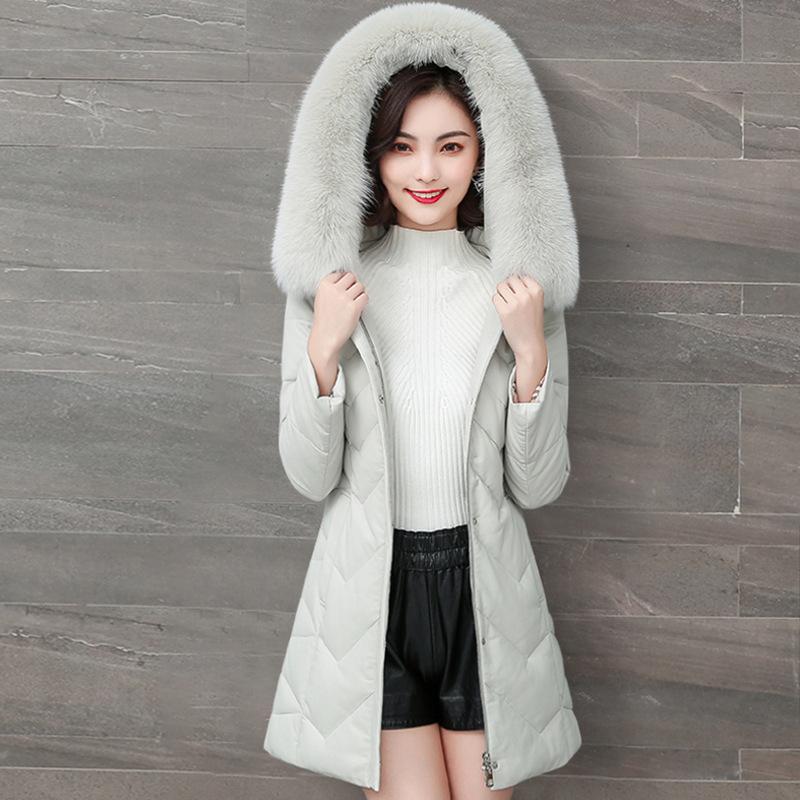 Sheepskin Leather Jacket Women's Down Jacket 90 White Duck Down Women's Medium Length Large Size Fur Jacket Slim Leather Jacket