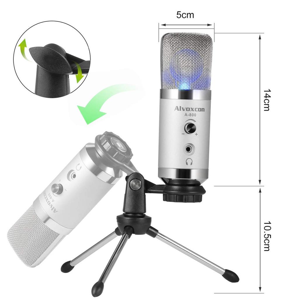 Alvoxcon A800 USB Condenser Microphone for PC and Live Commentary, Unidirectional, with Earphone Jack, Adjustable Volume, Skype, Streaming,