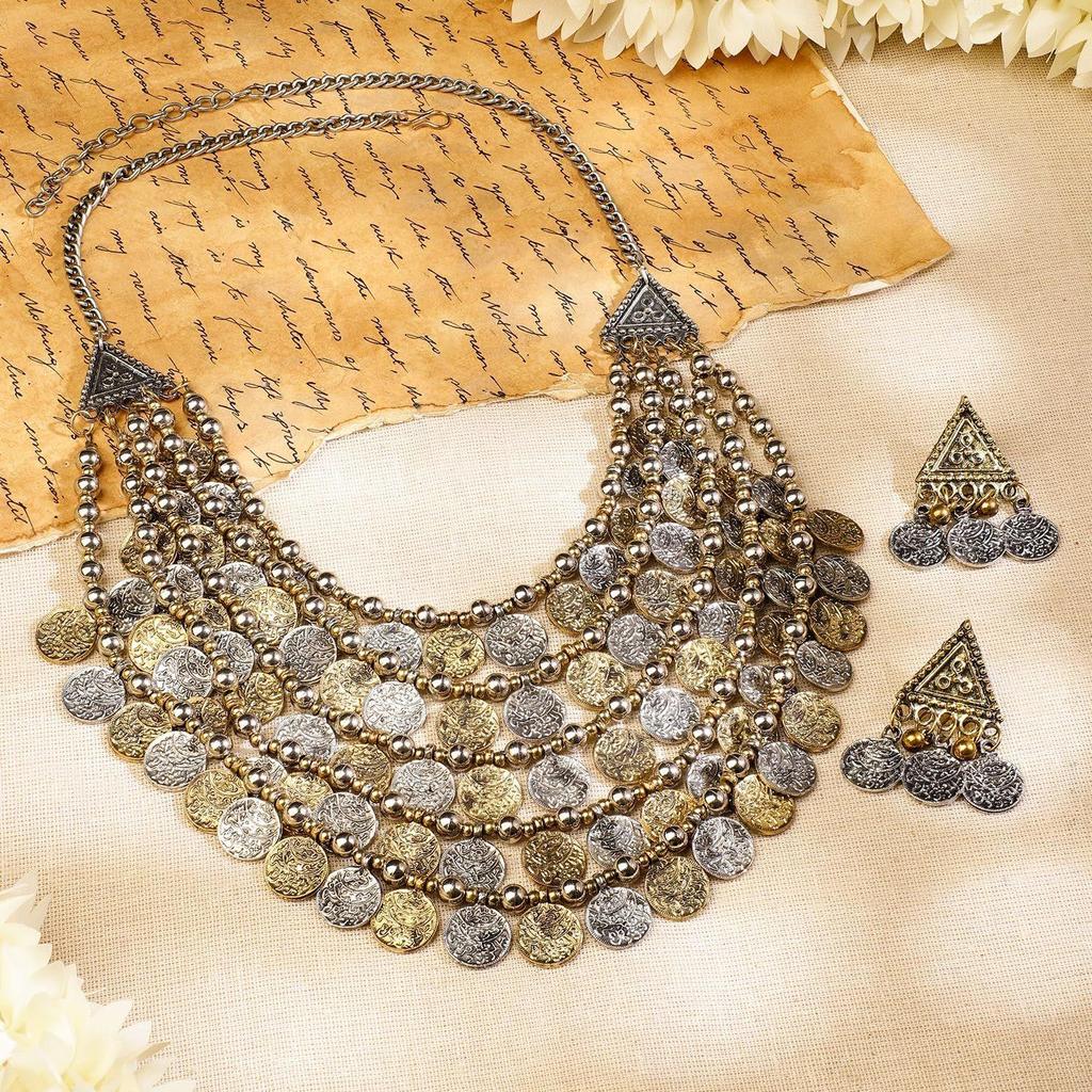 Oxidised  Multilayer Coin Statement Necklace Set for Women – for Festive & Ethnic Looks