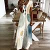 Women Plus Size V Neck Short Sleeve Plaid Printed Orange Long Dress