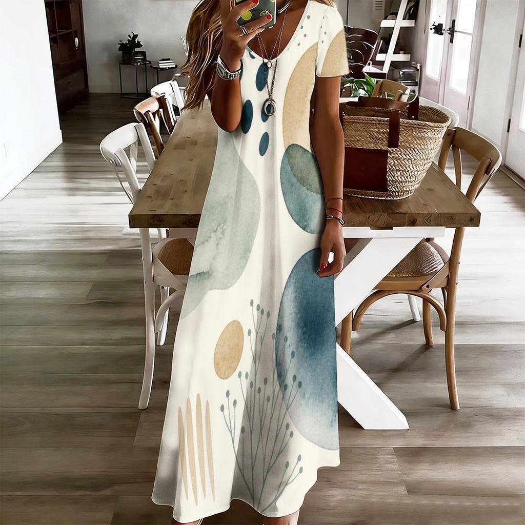 Women Plus Size V Neck Short Sleeve Plaid Printed Orange Long Dress