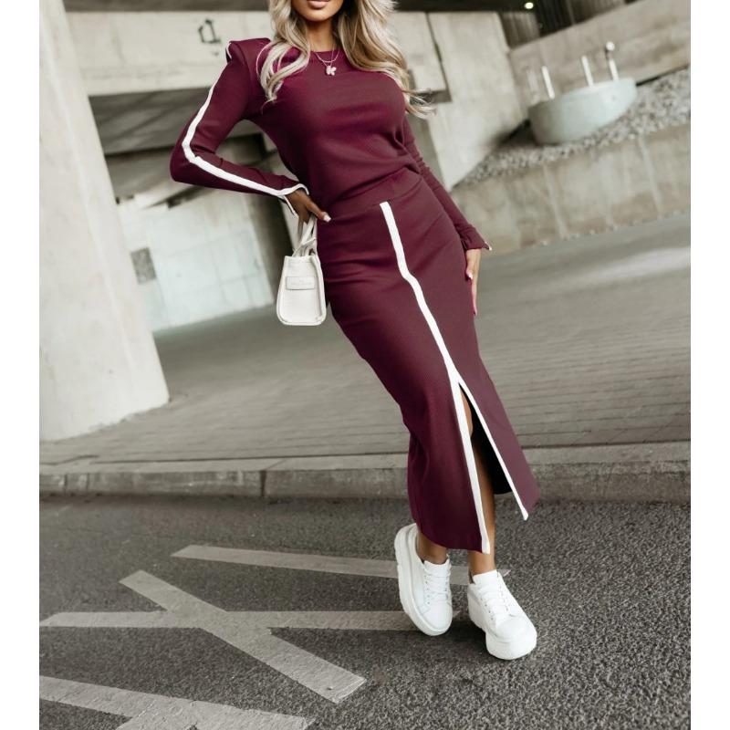 BITCED Women's Fashion Autumn Winter Solid Color Print O-Neck Long Sleeve Casual Dresses