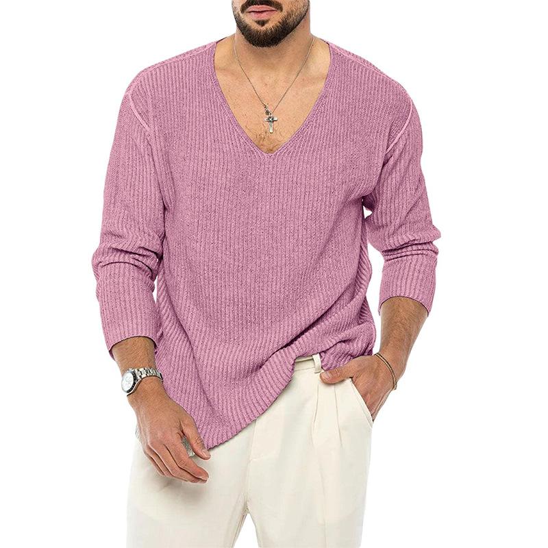Men's V-Neck Solid Color Long Sleeve Knit Sweater - Autumn/Winter Fashion