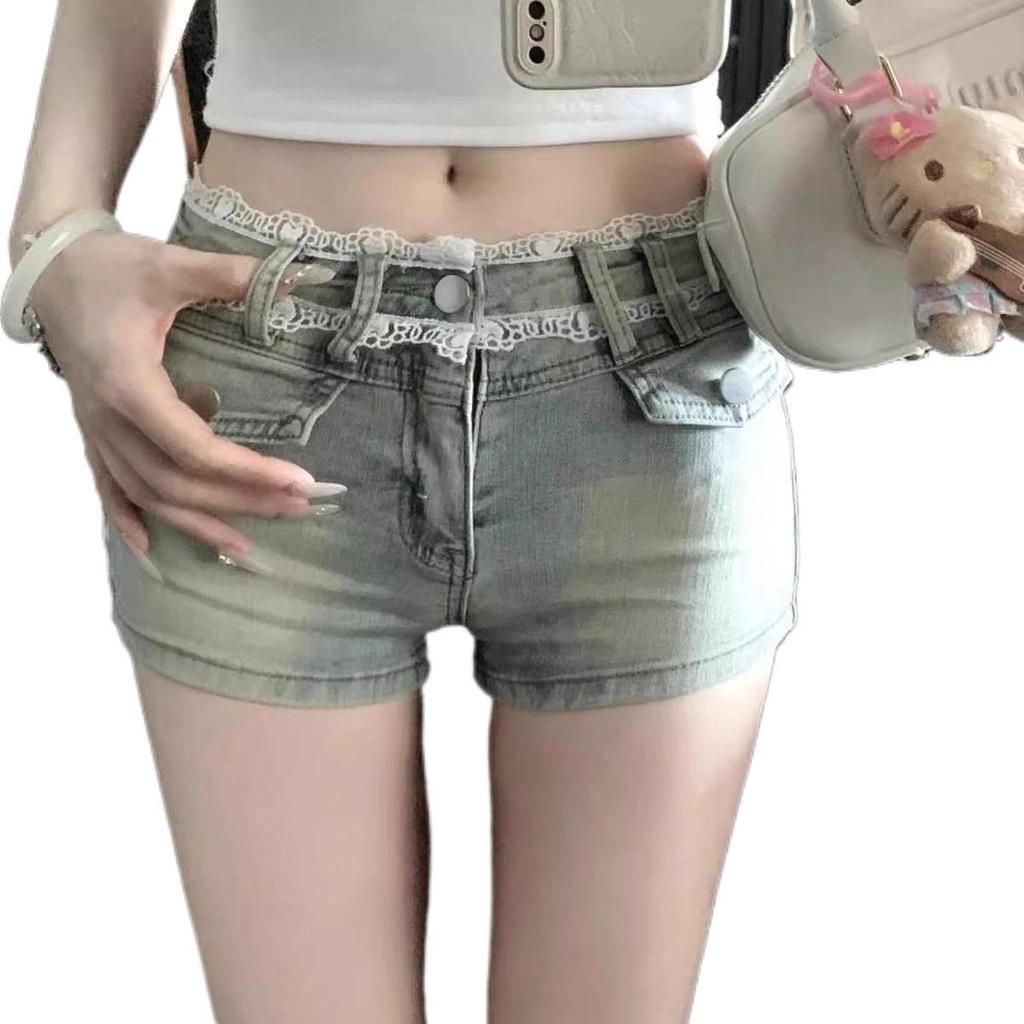 Lace Patchwork Denim Shorts - Women's Sexy Low-Waisted, Hip-Hugging Pants for Spring/Summer