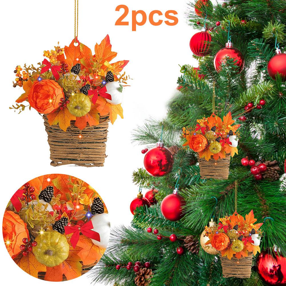 Wooden Mini Artificial Hanging 2D Flower Basket Pine Branch Pinecone Xmas Tree Ornament Christmas Pendant Decoration 2024