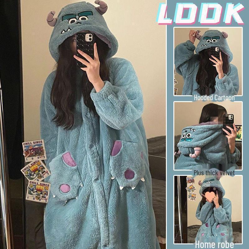 Women's Coral Fleece Hooded Pajama Set - Cute Cartoon Nightgown for Autumn/Winter