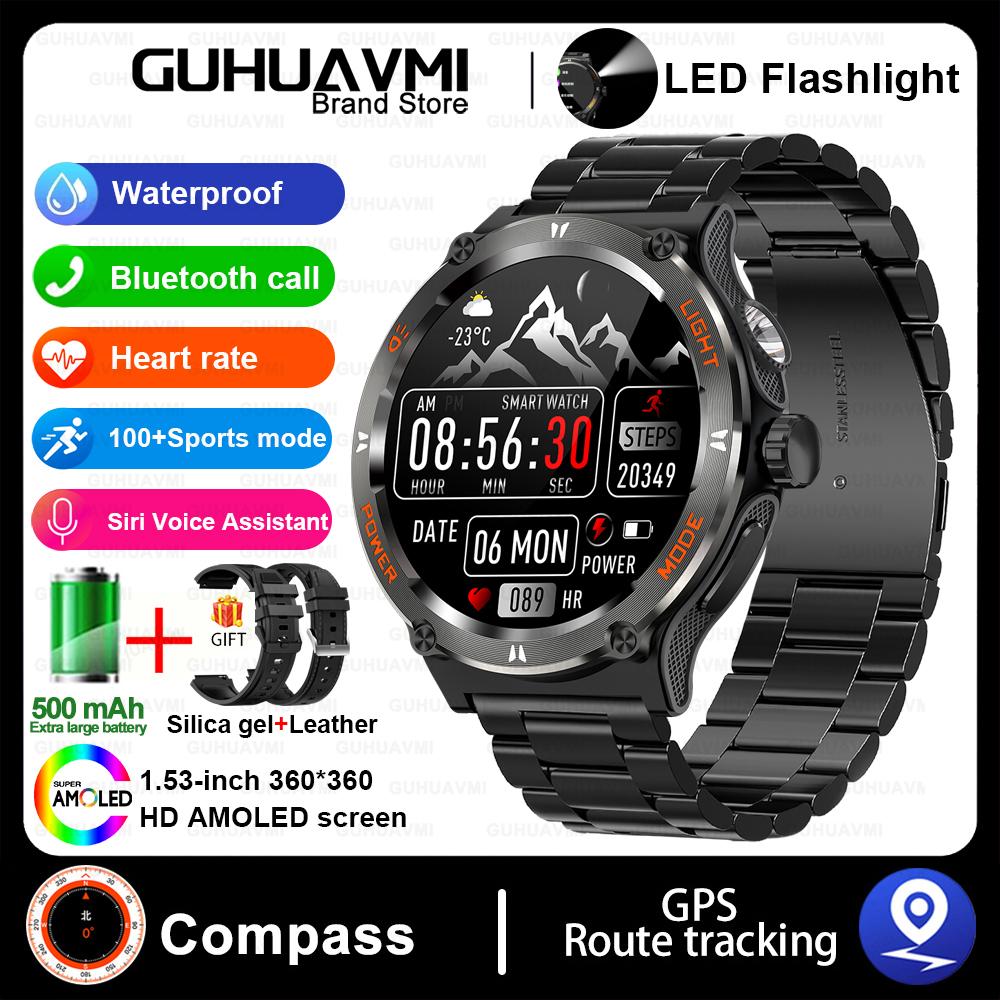 Outdoor Military Smart Watch Men LED Strong Light AMOLED Screen Heart Rate Compass Bluetooth Call 3ATM Waterproof Smartwatch
