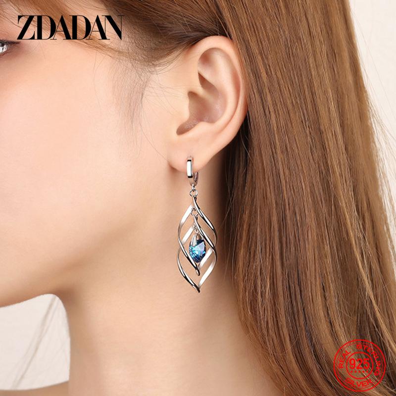 ZDADAN 925 Silver Hollow Blue Crystal Long Drop Earrings For Women Fashion Wedding Jewelry Gift
