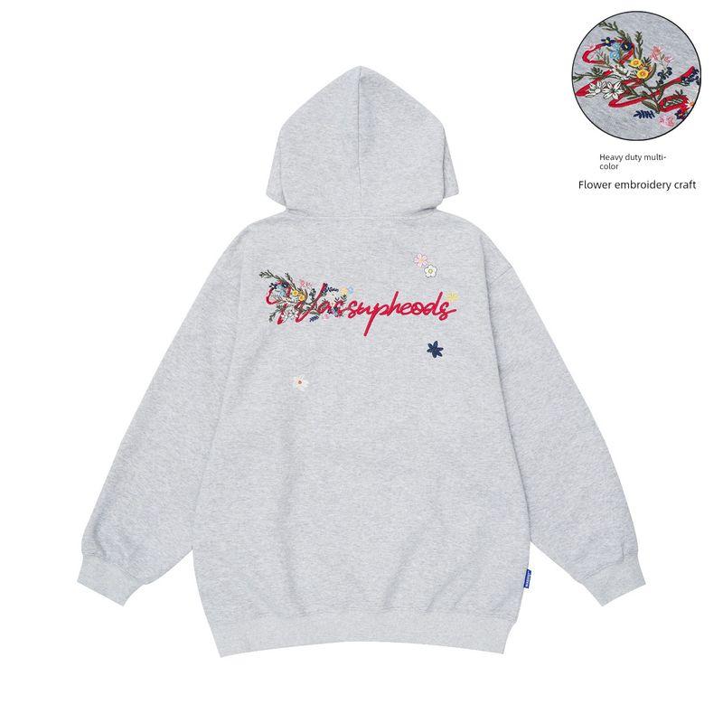 

Wassup Floral Letter Trendy Brand Sweatshirt for Women, Hooded, New Autumn and Winter Style, Loose Casual American Style Heavy Embroidery Top Gray 2XL