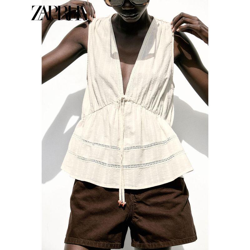 Zaprha 2025 Summer New Sweet Simple Comfortable V-neck Sleeveless Straight Lace Short Jacket 7200032