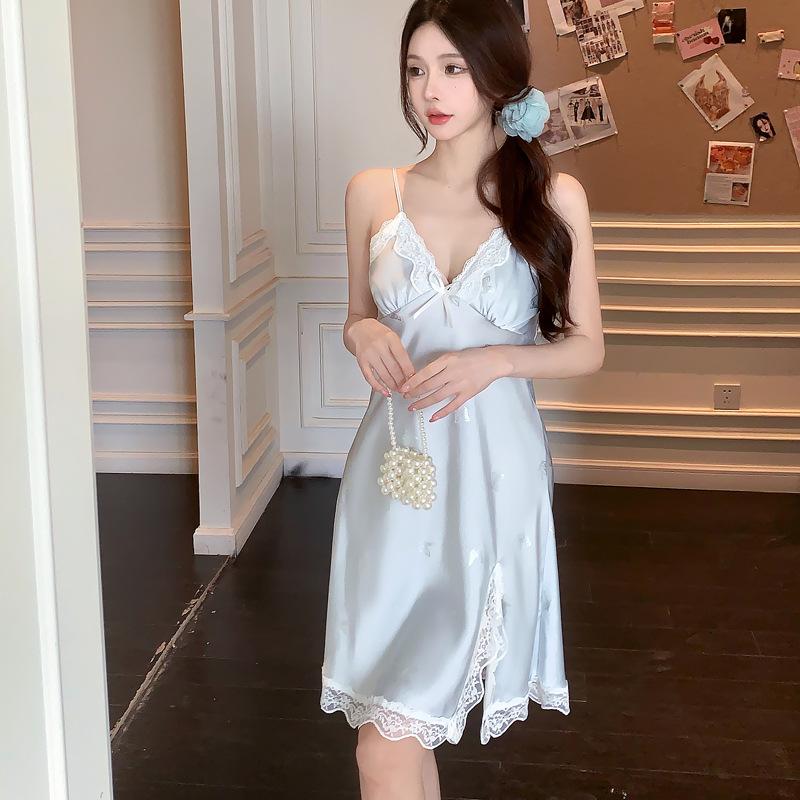 Internet celebrity pure sex summer suspender shorts set ice silk nightgown sexy silver butterfly thin simulation silk spring and autumn pajamas