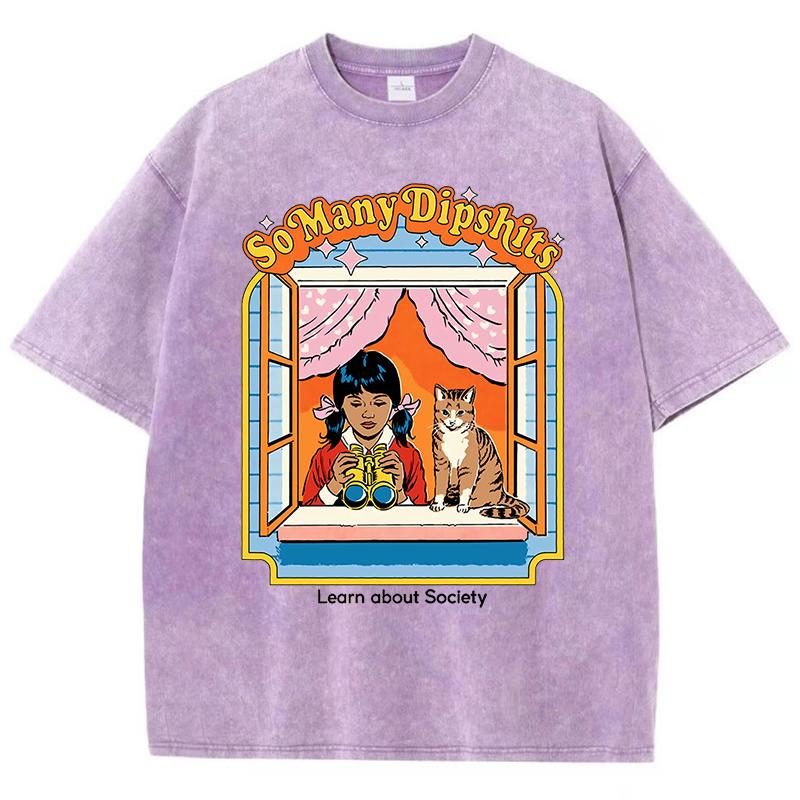 Carrying A Catlearn About Society Washed Retro Men T Shirts Breathable Tee Clothes Cotton Summer Loose Oversized T Shirt