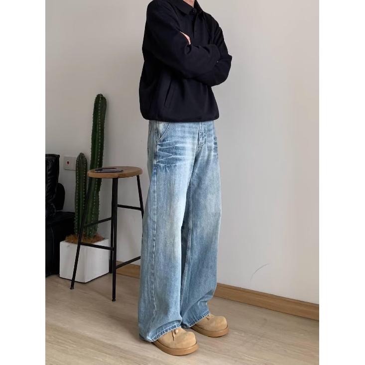 High Street Denim Pants For Men, Retro Distressed, Loose Straight Leg Pants, Wide Leg Sports Pants, Trendy