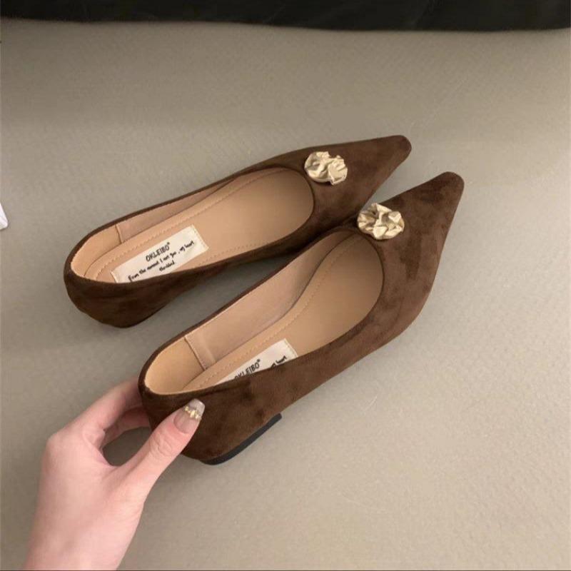 Fashion Spring New Flat Shoes Women's Pointed Head Shallow Mouth Suede Metal Buckle Soft Sole Anti-slip Wear-resistant Single Shoes