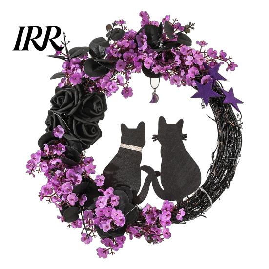 Black Cat Wreath with Lights Halloween Floral Garland, String Lights, Silhouette Garland Wreath, for Front Door Indoor Outdoor Wall Decor